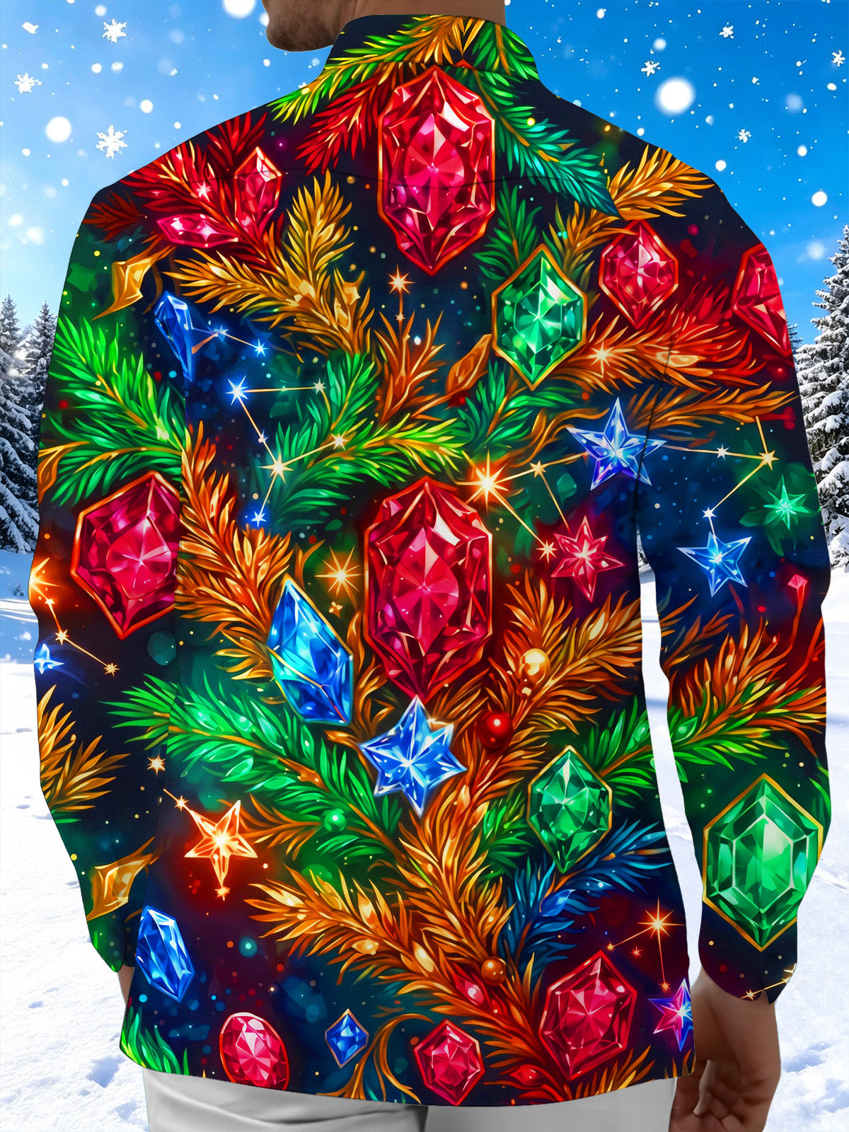 Adaychic Men's Christmas Gemstones And Pine Branches Print Long Sleeve Shirt with Chest Pocket