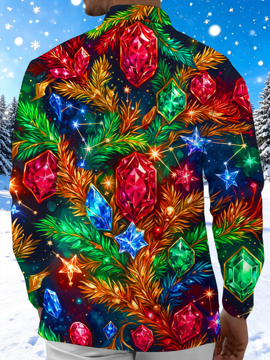 Adaychic Men's Christmas Gemstones And Pine Branches Print Long Sleeve Shirt with Chest Pocket