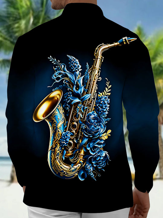Adaychic Men's Gold Graphic Saxophone Blue Floral Print Long Sleeve Button Down Shirt with Chest Pocket