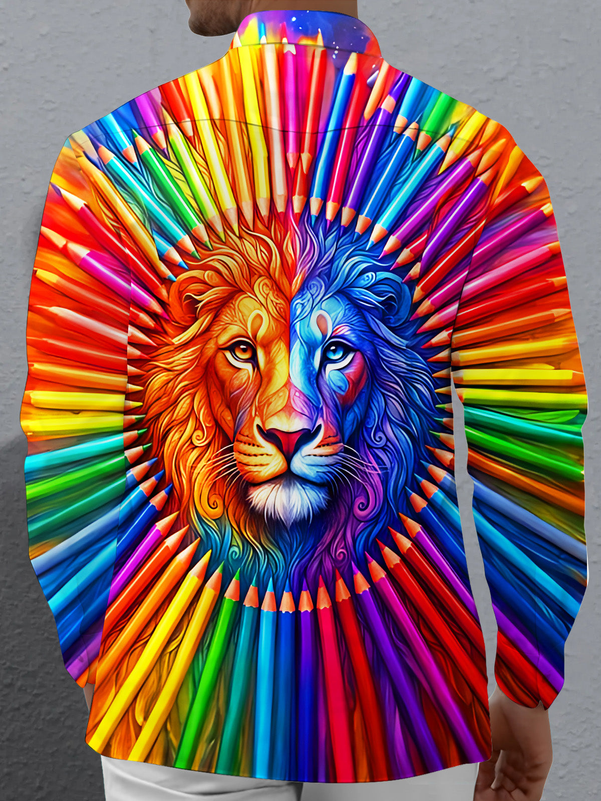 Adaychic Men's Graphic Colorful Pencil Split Lion Print Long Sleeve Shirt with Chest Pocket