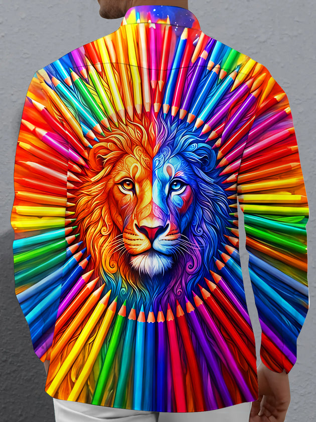 Adaychic Men's Graphic Colorful Pencil Split Lion Print Long Sleeve Shirt with Chest Pocket
