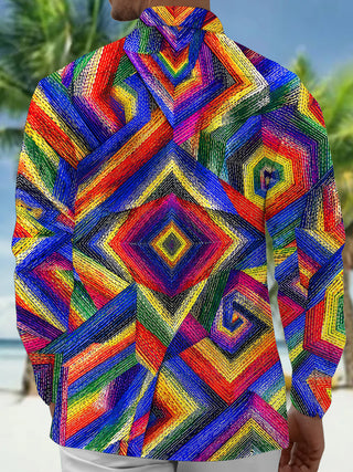 Adaychic Men's Patterned Colorful Geometric Spiral Pattern Long Sleeve Shirt with Chest Pocket