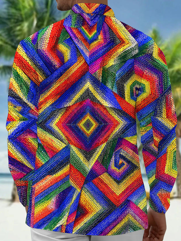 Adaychic Men's Patterned Colorful Geometric Spiral Pattern Long Sleeve Shirt with Chest Pocket