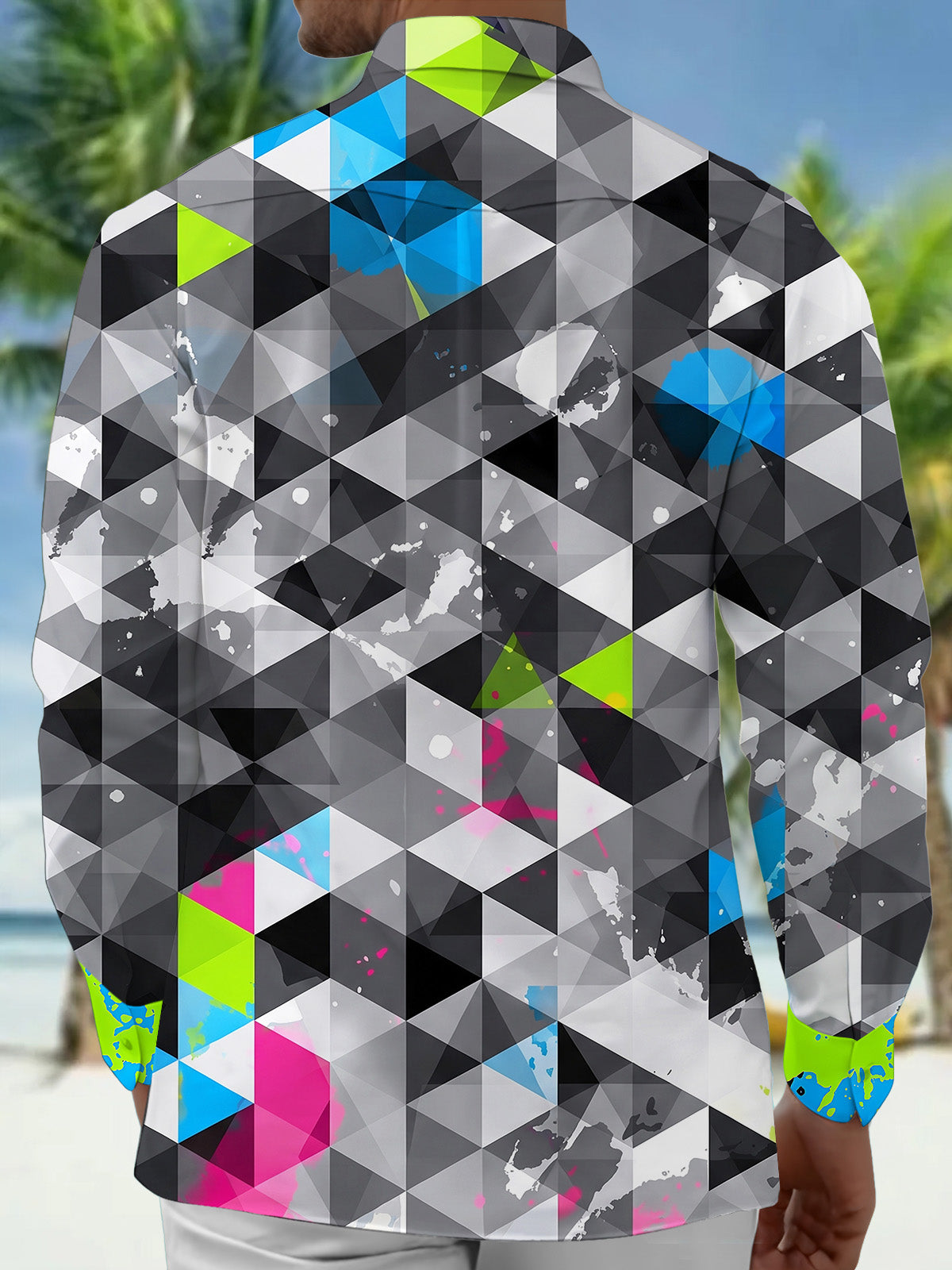 Adaychic Men's Printed Geometric Triangle Pattern Long Sleeve Shirt with Chest Pocket