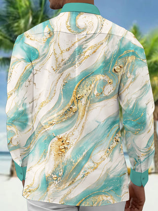 Adaychic Gold Fluid Marble Men's Long Sleeve Shirt with Chest Pocket