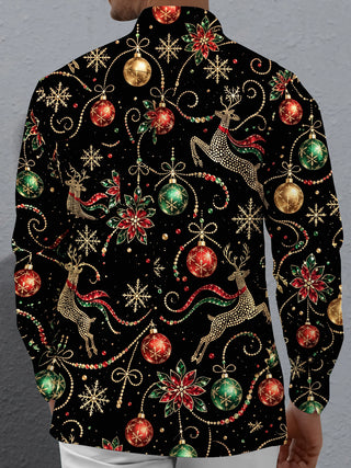 Adaychic Men's Printed Christmas Reindeer And Ornaments Print Long Sleeve Shirt with Chest Pocket