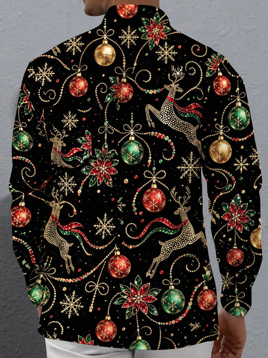 Adaychic Men's Printed Christmas Reindeer And Ornaments Print Long Sleeve Shirt with Chest Pocket