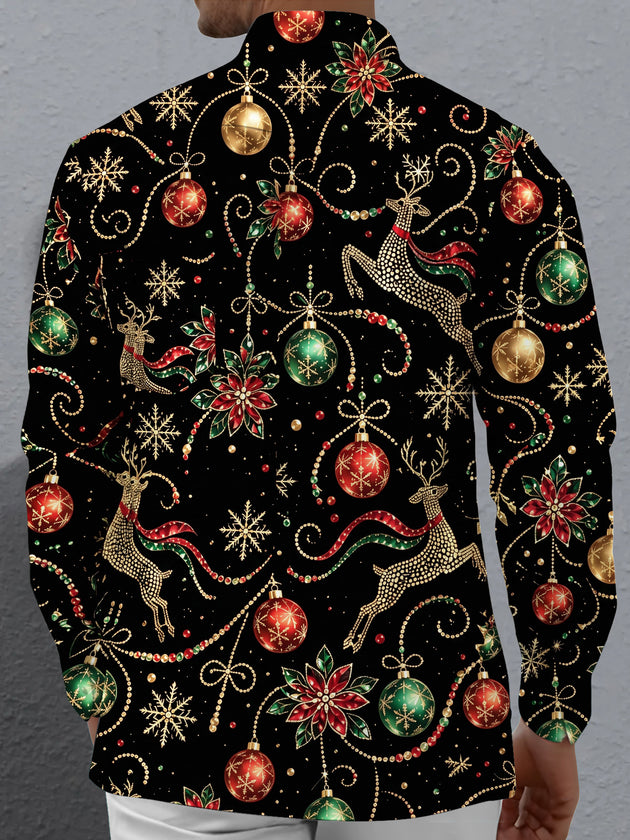 Adaychic Men's Printed Christmas Reindeer And Ornaments Print Long Sleeve Shirt with Chest Pocket