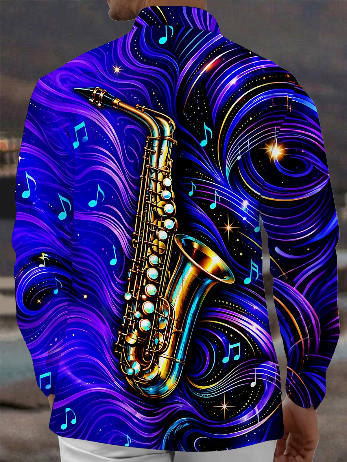 Adaychic Men's Graphic Saxophone And Musical Notes Print Long Sleeve Shirt with Chest Pocket