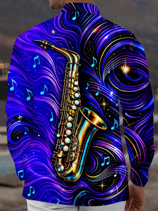Adaychic Men's Graphic Saxophone And Musical Notes Print Long Sleeve Shirt with Chest Pocket