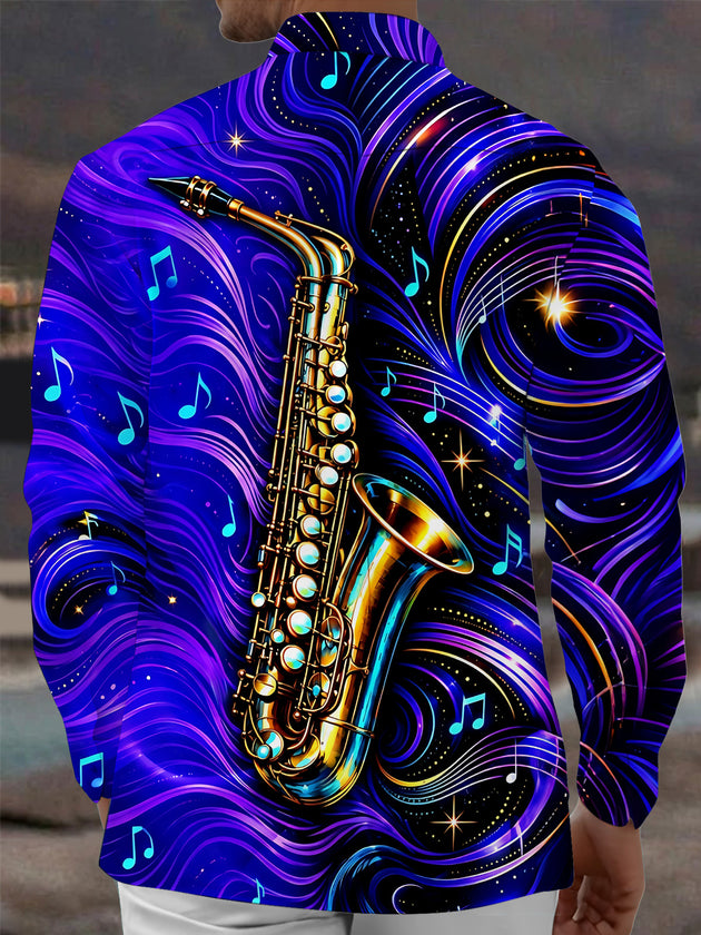 Adaychic Men's Graphic Saxophone And Musical Notes Print Long Sleeve Shirt with Chest Pocket