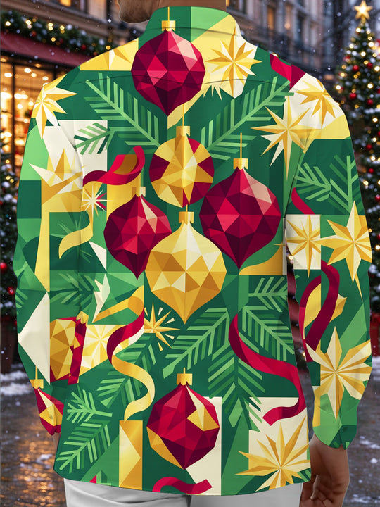 Adaychic Men's Long Sleeve Shirt - Geometric Christmas Ornaments And Pine Needles Print with Chest Pocket