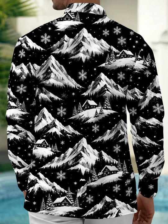 Adaychic Men's Printed Snowy Mountains And Cabins Print Long Sleeve Shirt with Chest Pocket