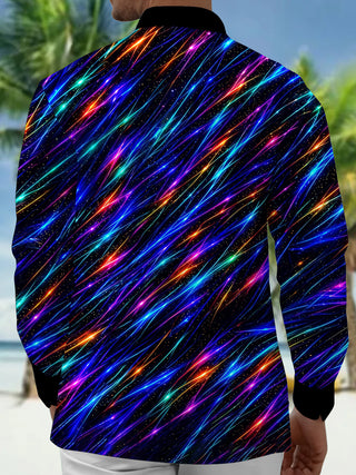 Adaychic Men's Striped Neon Geometric Lines Print Long Sleeve Shirt with Chest Pocket