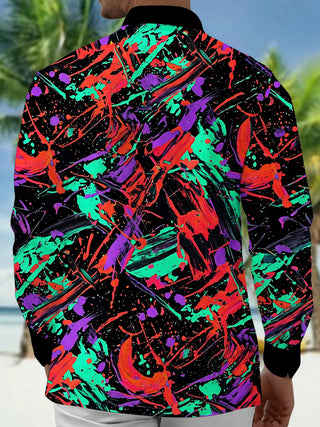 Adaychic Men's Long Sleeve Shirt - Abstract Colorful Paint Splatters And Brushstrokes Print with Chest Pocket