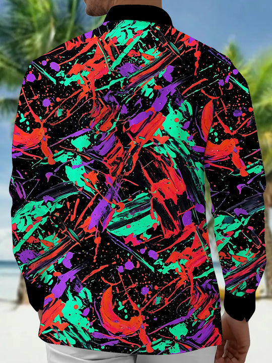 Adaychic Men's Long Sleeve Shirt - Abstract Colorful Paint Splatters And Brushstrokes Print with Chest Pocket