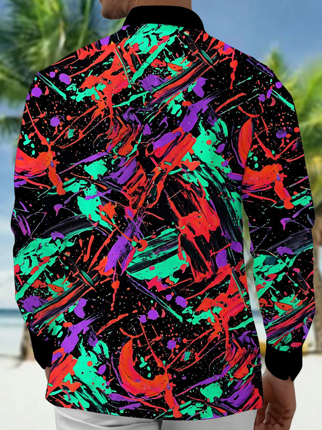 Adaychic Men's Long Sleeve Shirt - Abstract Colorful Paint Splatters And Brushstrokes Print with Chest Pocket