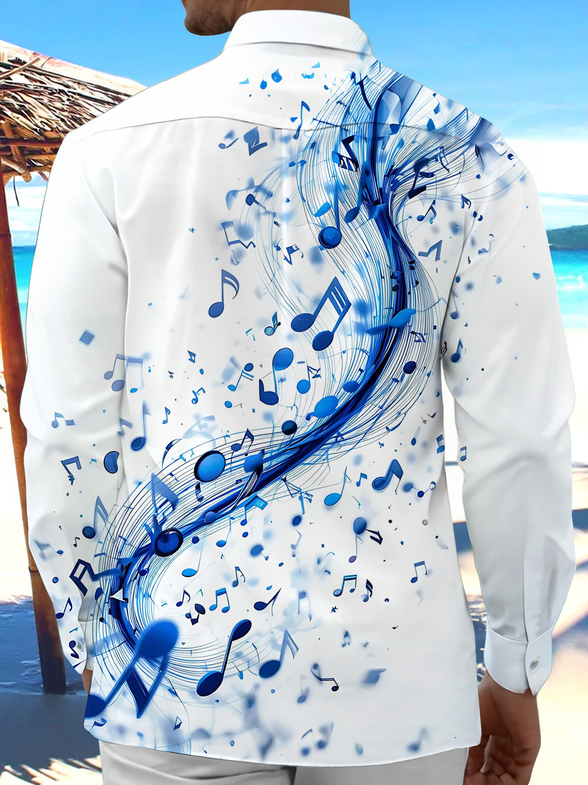 Adaychic Men's Graphic Blue Musical Notes Print Long Sleeve Shirt with Chest Pocket
