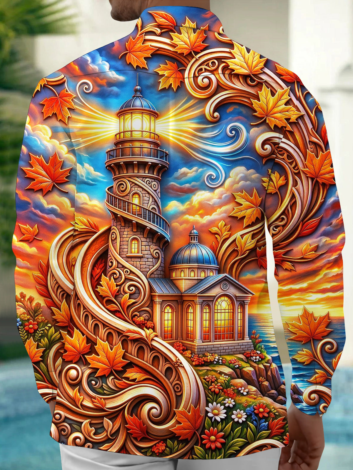 Adaychic Men's Hawaiian Lighthouse And Autumn Leaves Print Long Sleeve Shirt with Chest Pocket