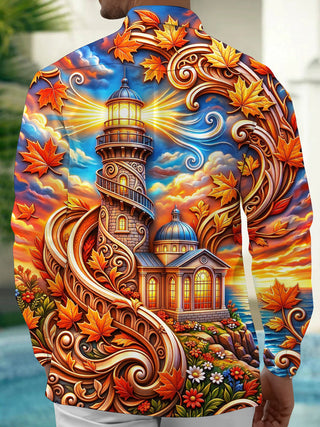 Adaychic Men's Hawaiian Lighthouse And Autumn Leaves Print Long Sleeve Shirt with Chest Pocket