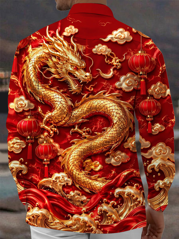 Adaychic Men's Long Sleeve Shirt - Chinese New Year Golden Dragon And Chinese Lanterns Print with Chest Pocket