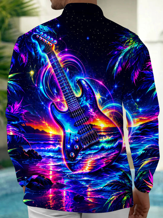 Adaychic Men's Neon Electric Guitar And Sunset Ocean Print Long Sleeve Shirt with Chest Pocket