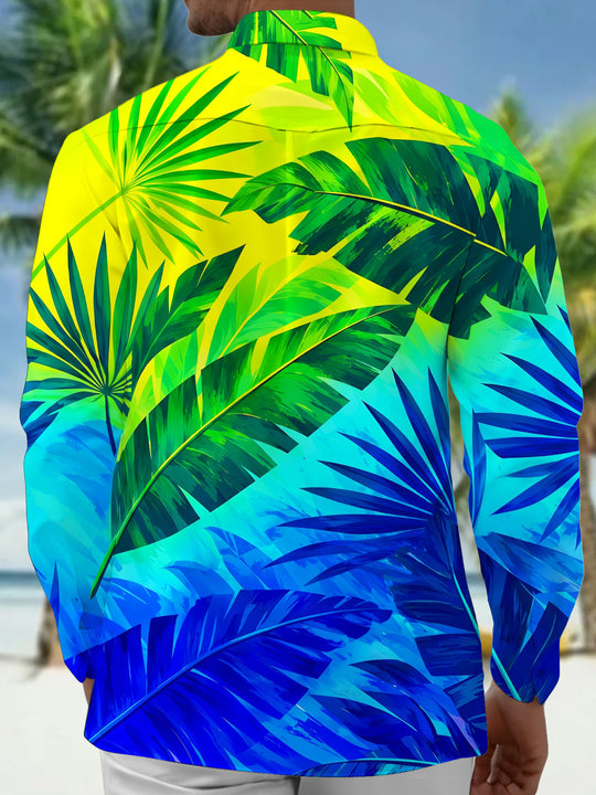 Adaychic Men's Tropical Palm Leaves And Plant Foliage Print Long Sleeve Shirt with Chest Pocket