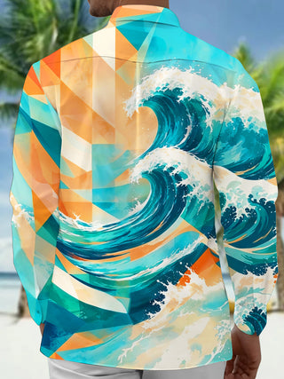Adaychic Men's Hawaiian Geometric Watercolor Waves Print Long Sleeve Shirt with Chest Pocket