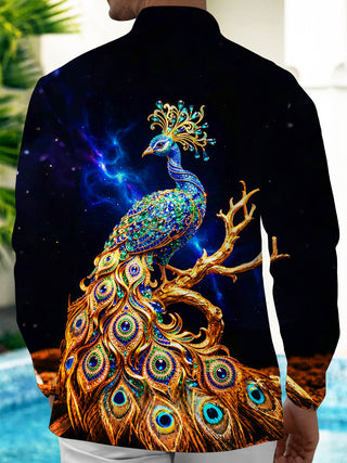 Adaychic Men's Graphic Art Gem Starry Peacock Print Long Sleeve Shirt with Chest Pocket