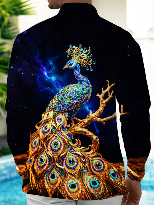 Adaychic Men's Graphic Art Gem Starry Peacock Print Long Sleeve Shirt with Chest Pocket