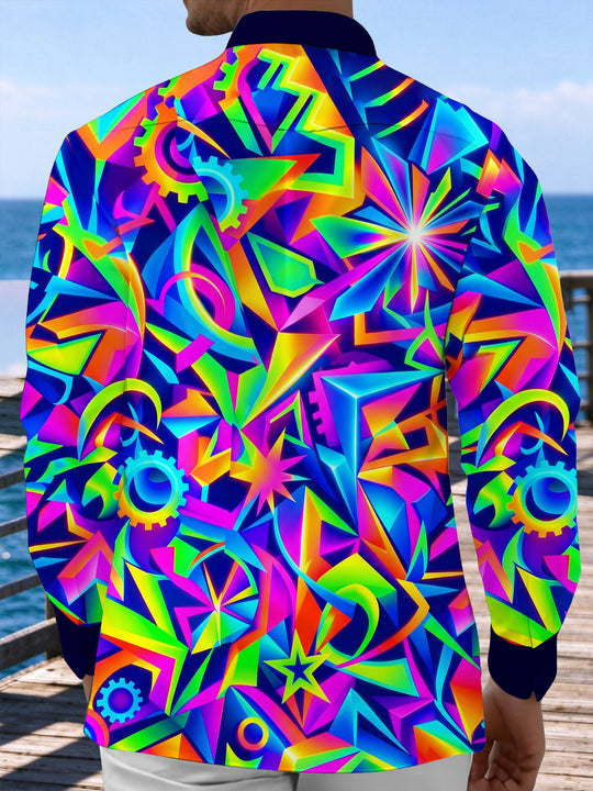 Adaychic Men's Neon Geometric Gears And Abstract Shapes Print Long Sleeve Shirt with Chest Pocket