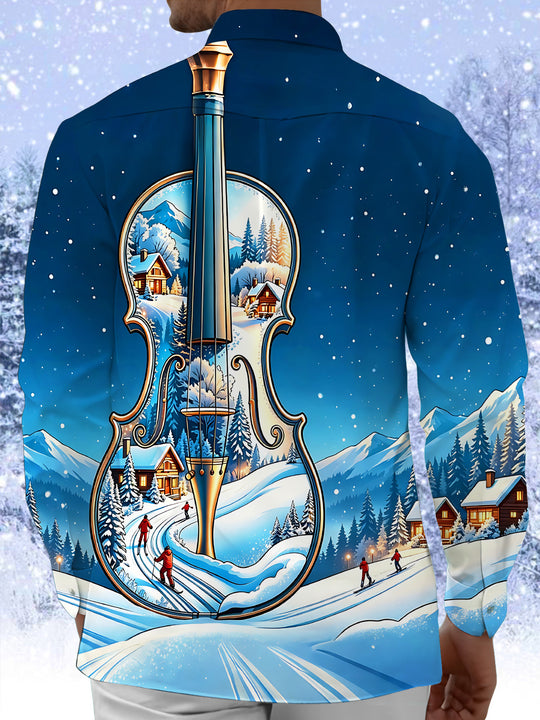 Adaychic Men's Graphic Violin Winter Snowscape Print Long Sleeve Shirt with Chest Pocket