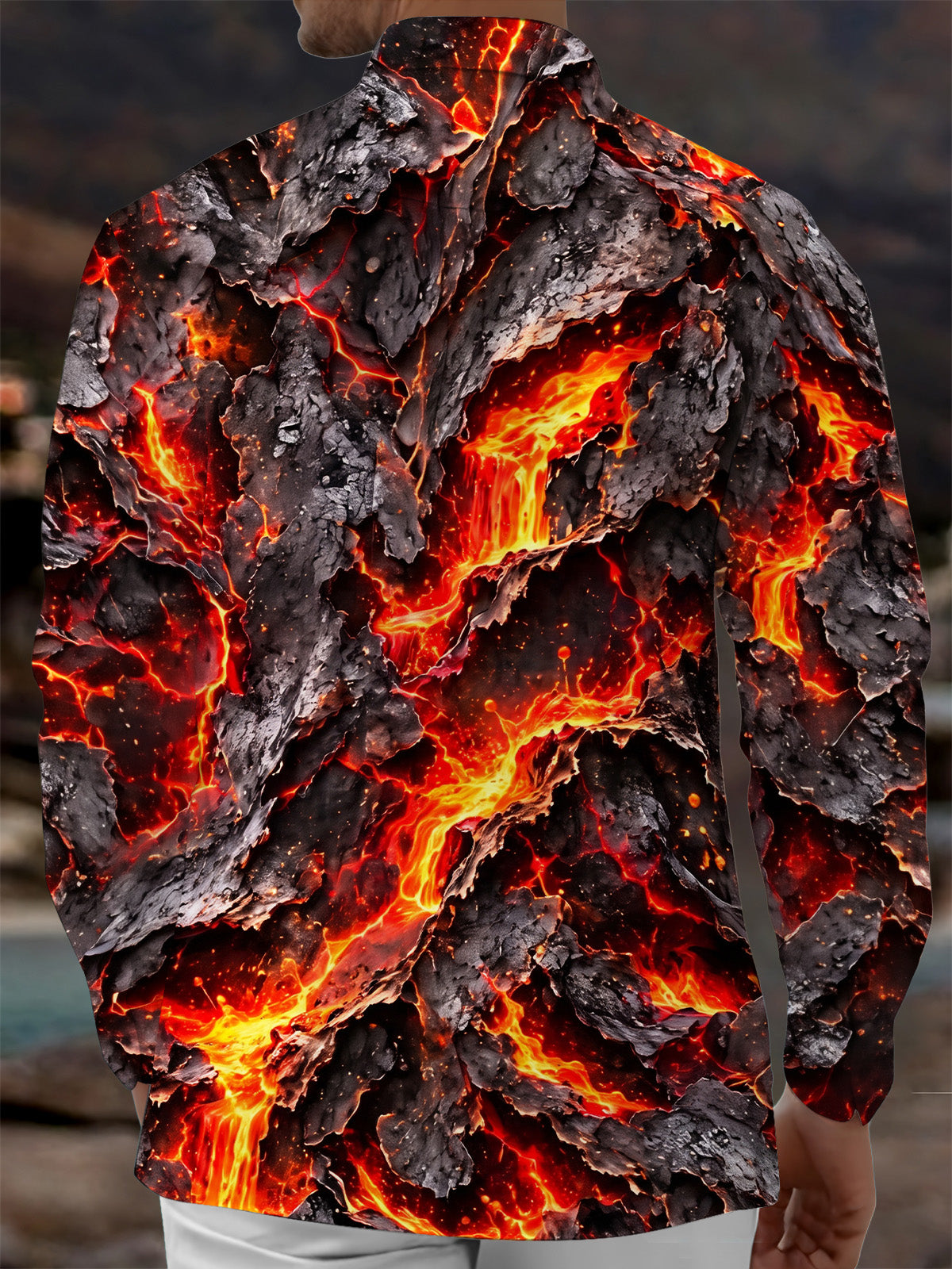 Adaychic Men's Graphic Volcanic Lava And Cracked Rock Print Long Sleeve Shirt with Chest Pocket