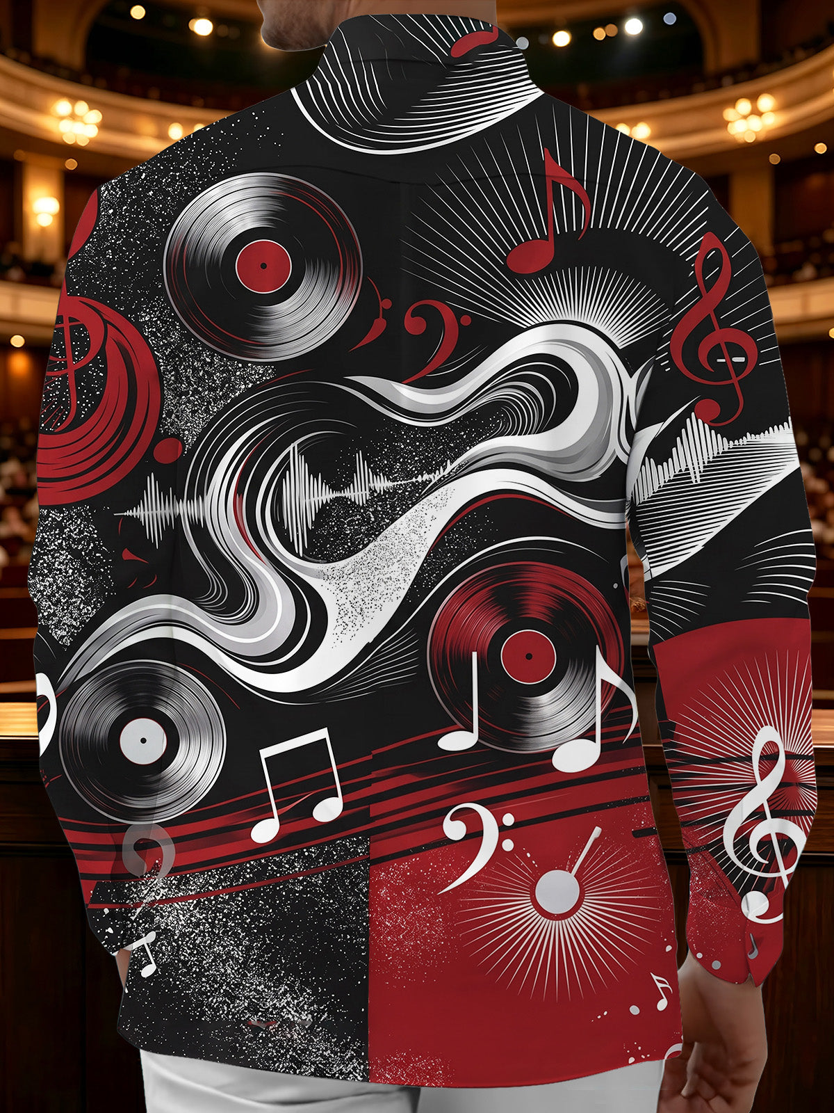Adaychic Men's Graphic Vinyl Records Print Music Notes Print Long Sleeve Shirt with Chest Pocket