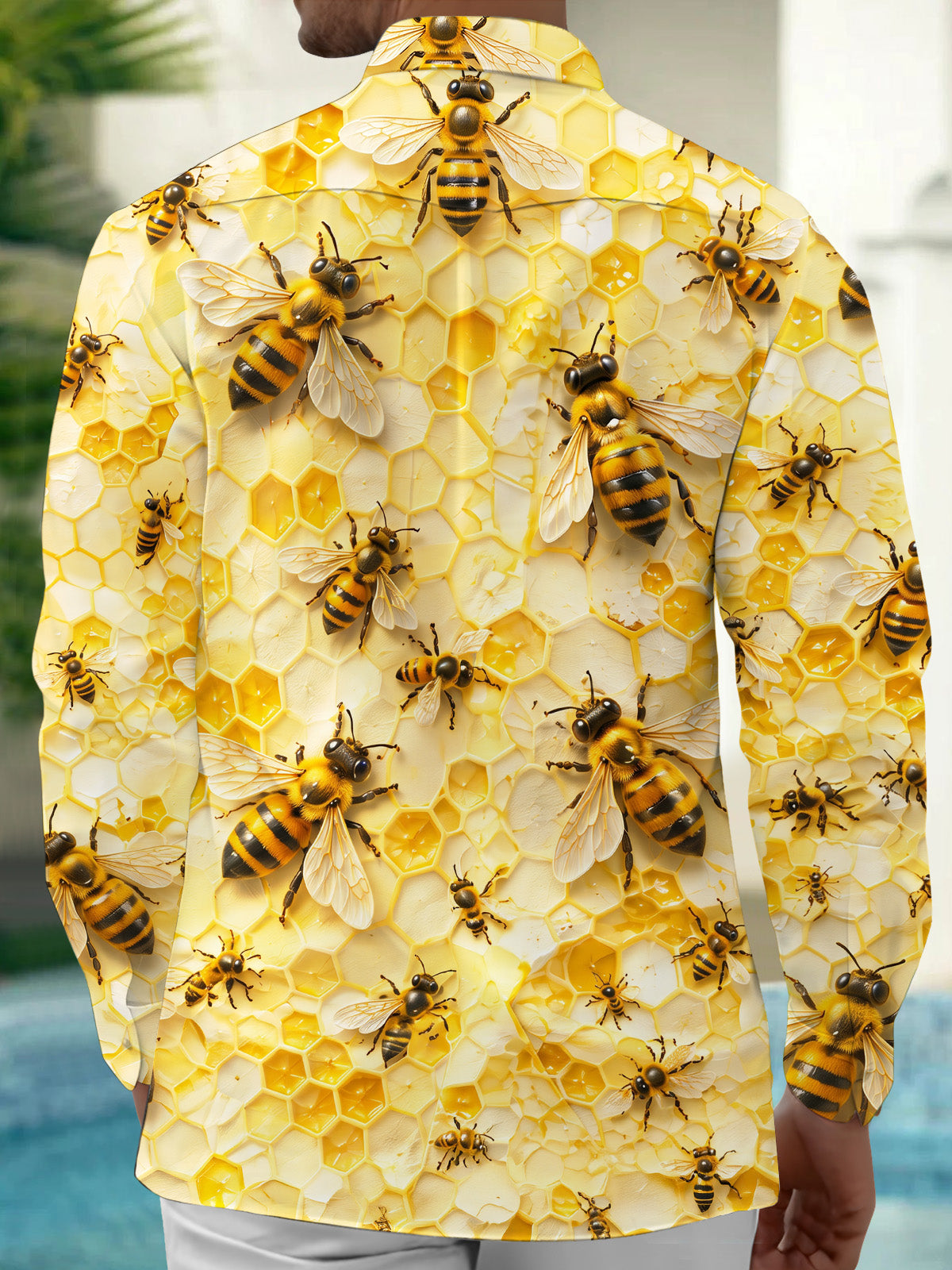 Adaychic Men's Hawaiian Bee And Honeycomb Pattern Long Sleeve Shirt with Chest Pocket