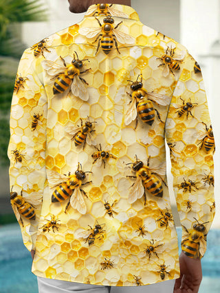 Adaychic Men's Hawaiian Bee And Honeycomb Pattern Long Sleeve Shirt with Chest Pocket