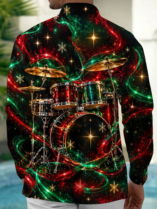 Adaychic Men's Christmas Drum Set And Snowflakes Print Long Sleeve Shirt with Chest Pocket