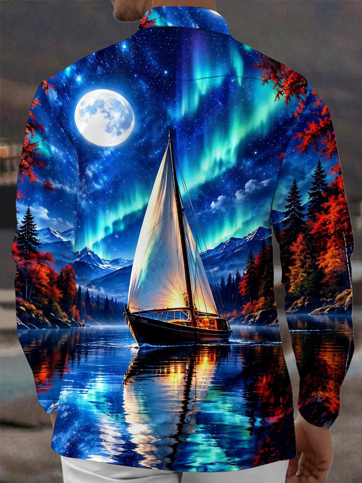 Adaychic Men's Long Sleeve Shirt - Sailing Boat On Lake With Aurora Borealis Print with Chest Pocket