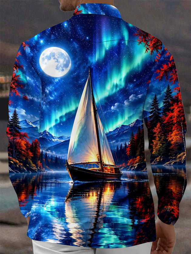 Adaychic Men's Long Sleeve Shirt - Sailing Boat On Lake With Aurora Borealis Print with Chest Pocket