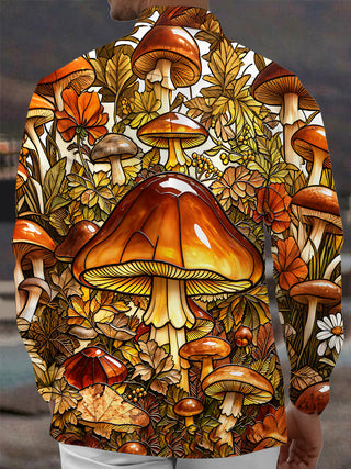 Adaychic Men's Printed Mushroom Forest Print Long Sleeve Shirt with Chest Pocket