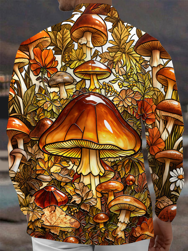 Adaychic Men's Printed Mushroom Forest Print Long Sleeve Shirt with Chest Pocket