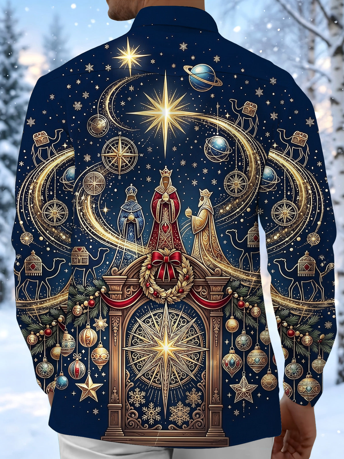 Adaychic Men's Three Wise Men And Christmas Ornaments Print Long Sleeve Shirt with Chest Pocket