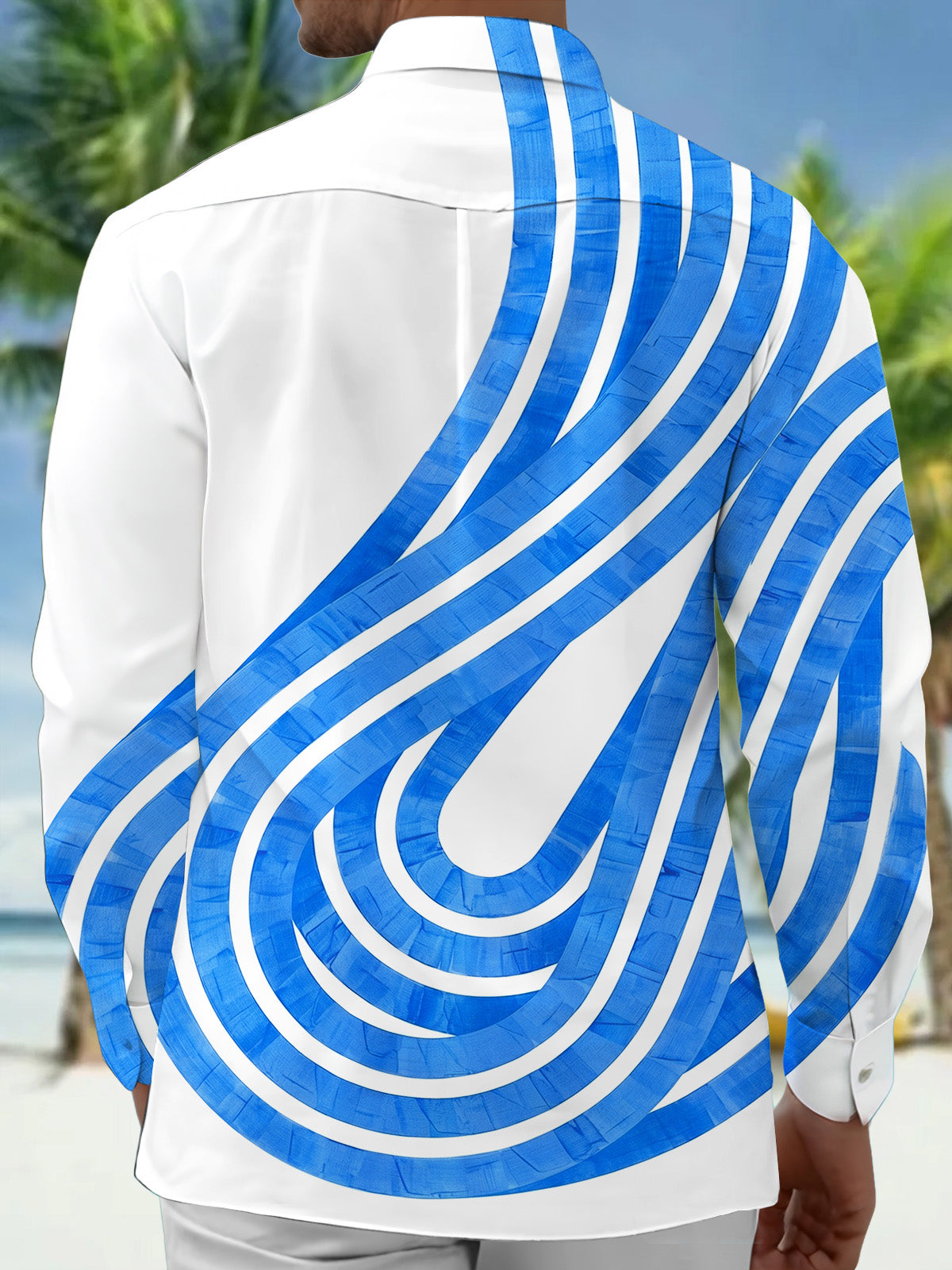 Adaychic Men's Striped Blue And White Curved Stripes Print Long Sleeve Shirt with Chest Pocket