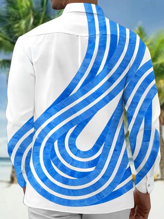 Adaychic Men's Striped Blue And White Curved Stripes Print Long Sleeve Shirt with Chest Pocket