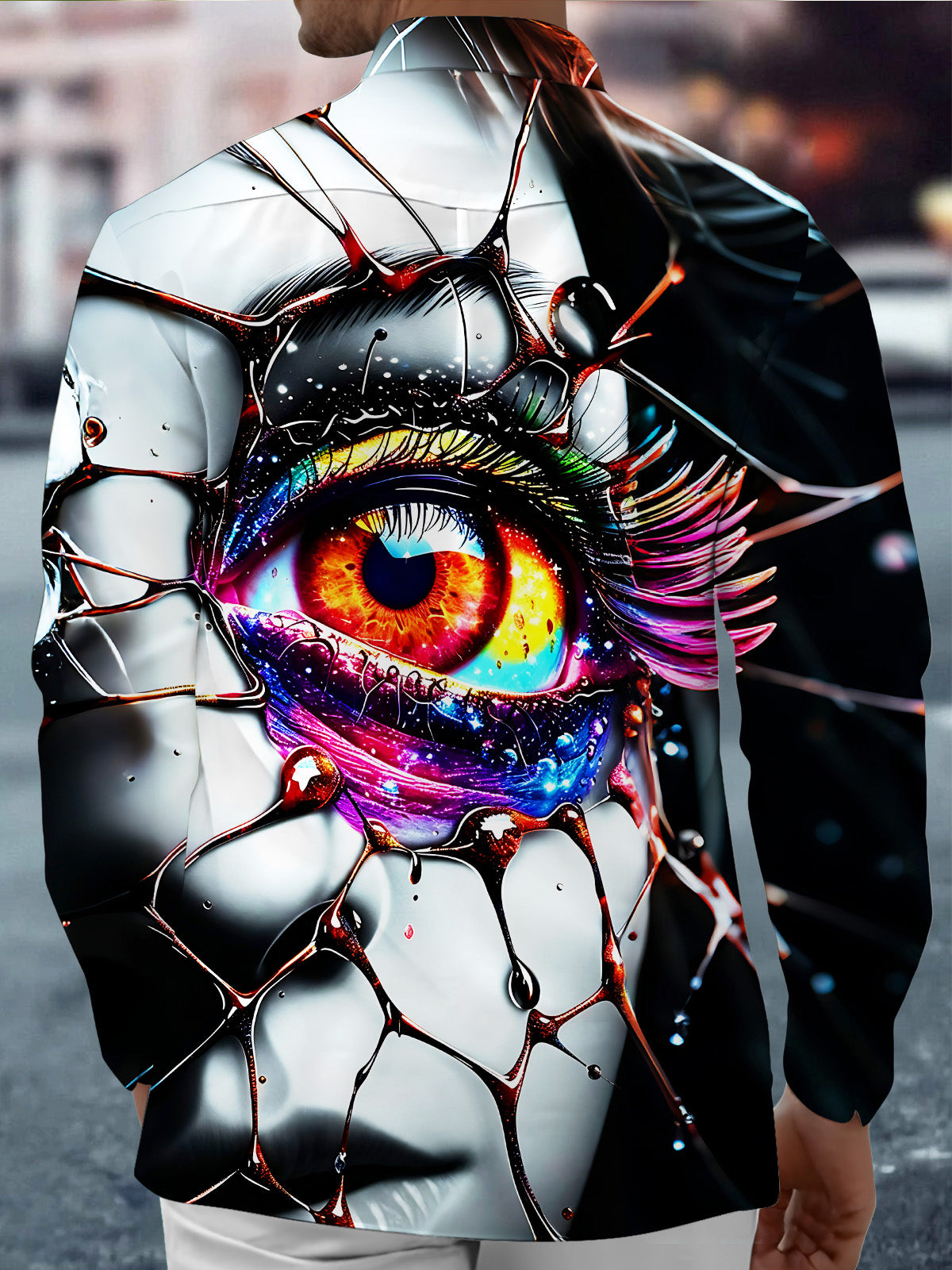 Adaychic Men's Giant Psychedelic Eye With Fluid Art Print Long Sleeve Shirt with Chest Pocket