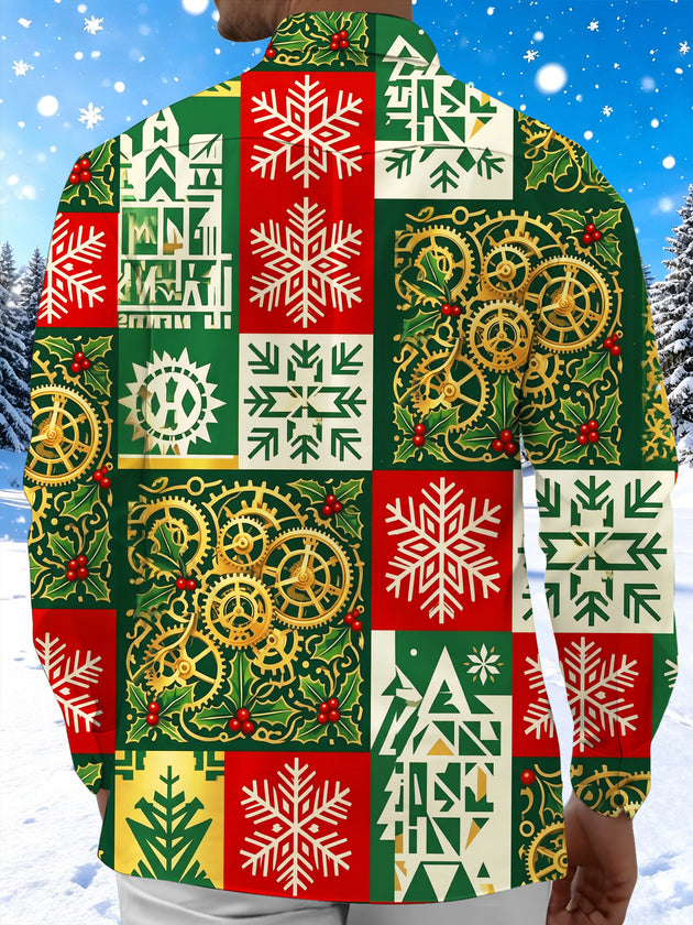 Adaychic Men's Christmas Steampunk Gears And Snowflakes Print Long Sleeve Shirt with Chest Pocket