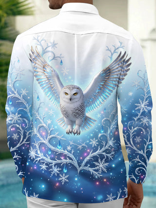 Adaychic Men's Printed Snowy Owl And Snowflakes Print Long Sleeve Shirt with Chest Pocket
