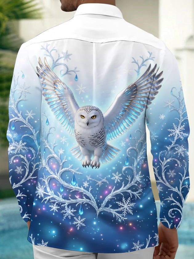 Adaychic Men's Printed Snowy Owl And Snowflakes Print Long Sleeve Shirt with Chest Pocket