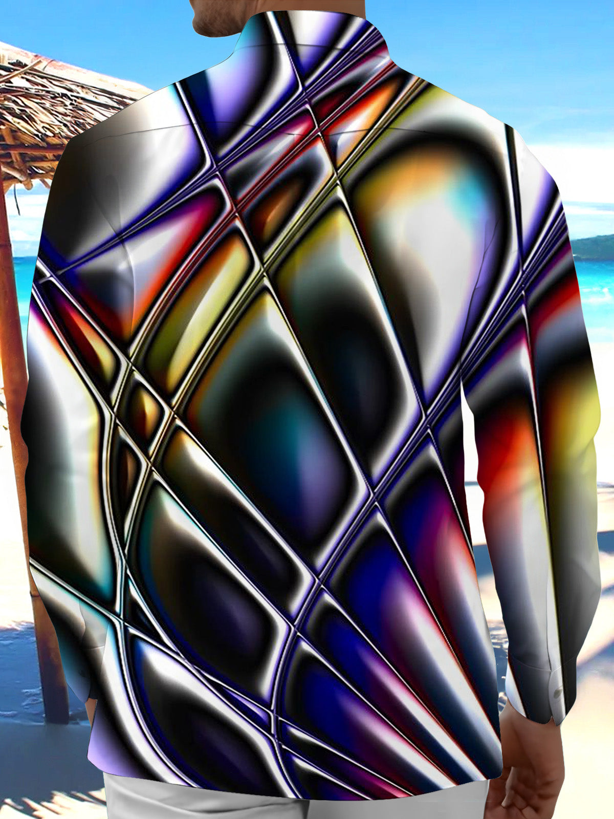 Adaychic Men's Printed Abstract Geometric Gradient Print Long Sleeve Shirt with Chest Pocket