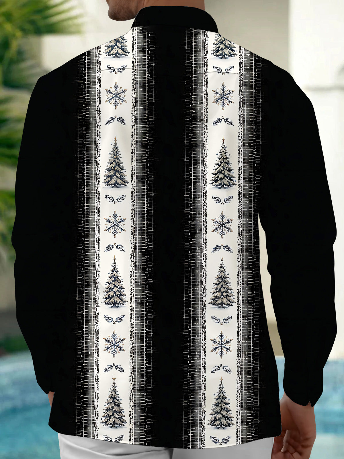 Adaychic Men's Printed Christmas Trees And Snowflakes Print Long Sleeve Shirt with Chest Pocket